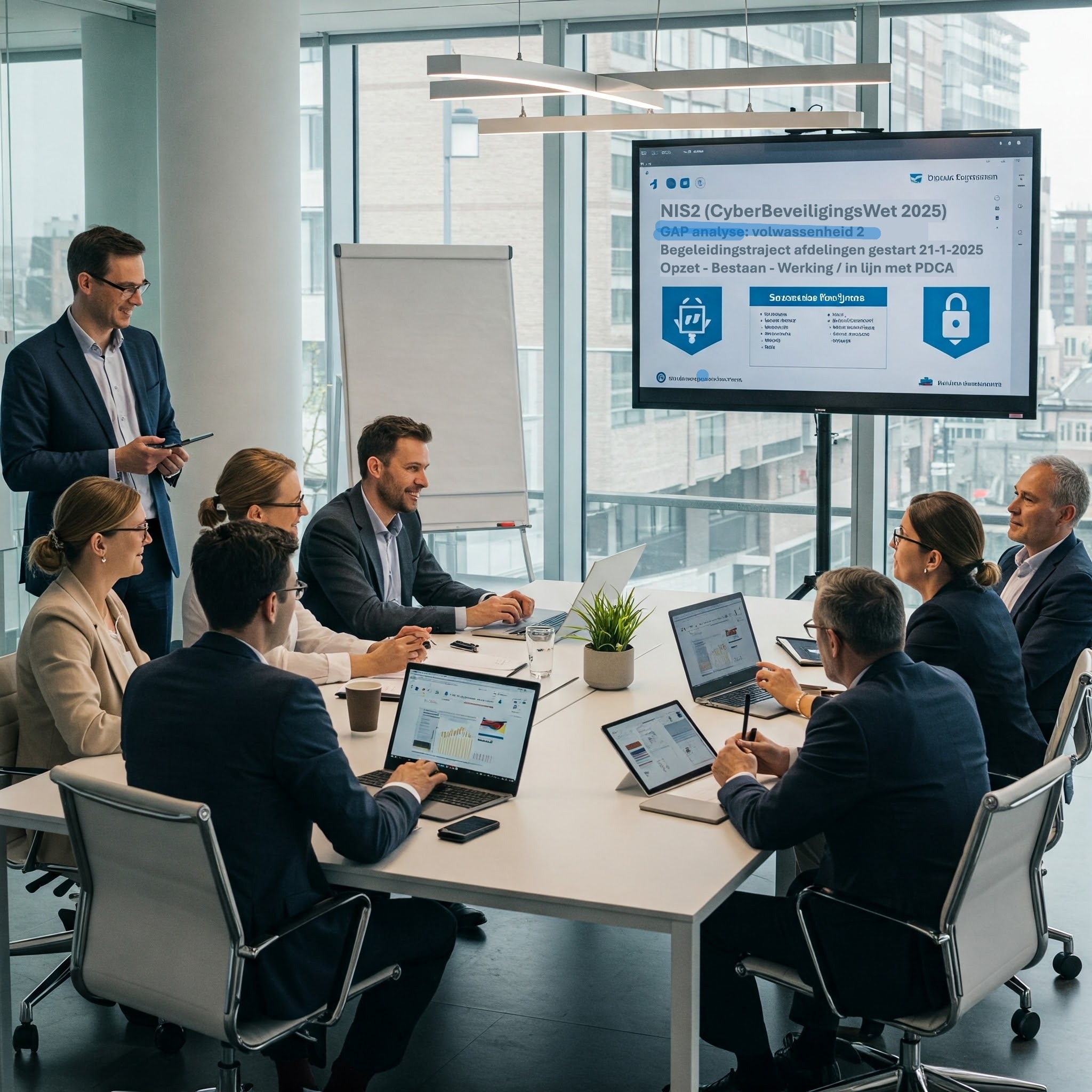Team discussing NIS2/CBW compliance with CISO Ally